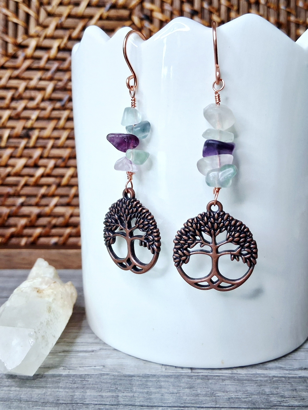 Tree of Life Copper Earrings with Fluorite Gemstone Chips